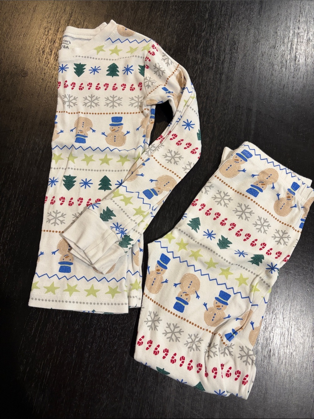 Carter's Cream Snowman Print Kids Pajama Set with Blue and Green Accents
